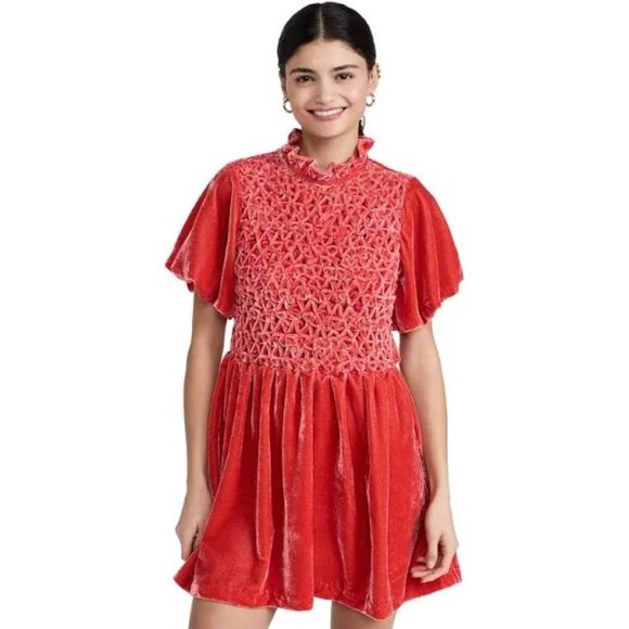 Free People Tangerine Crushed Velvet Gumdrop Mini Dress size M Smocked Open Back - Picture 10 of 10